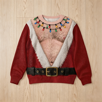 Funny Hairy Chest Santa Lights Ugly Christmas Sweater 3D Printed Holiday Gag Gift Sweatshirt🎅