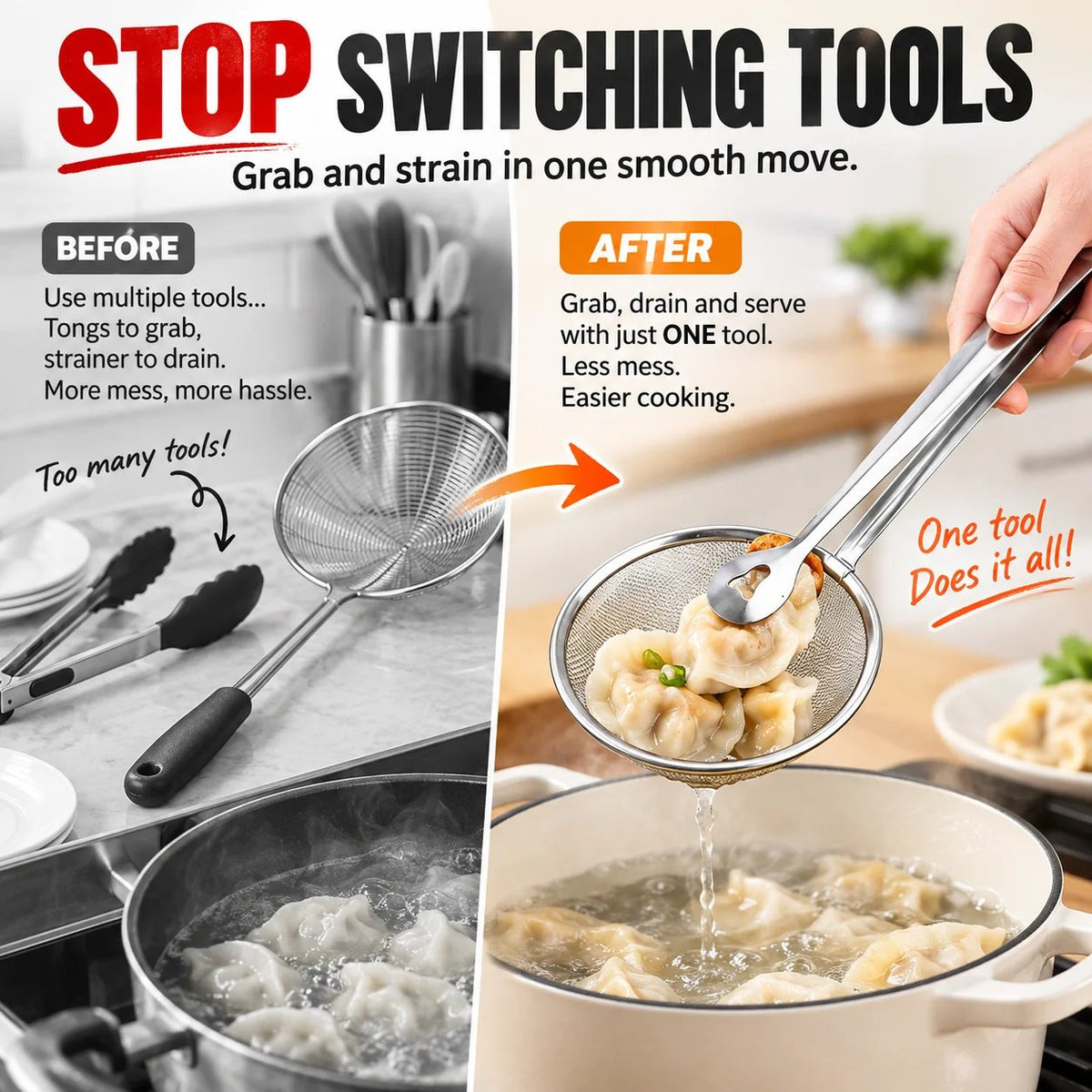 🔥 Buy 1 Get 1 🔥-2-in-1 Stainless Steel Strainer Tongs – Grab, Drain & Serve with One Tool