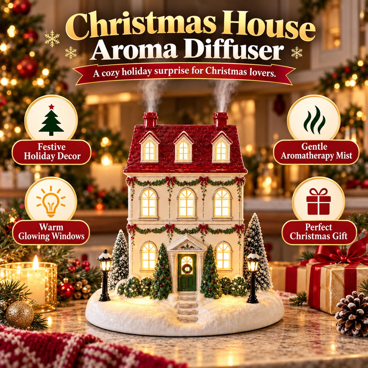 50% OFF🏠 Christmas House Aroma Diffuser – Gentle Mist & Glowing Windows
