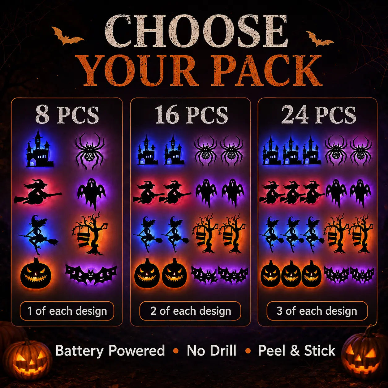 Halloween LED Silhouette Wall Light Stickers, Battery Powered Peel & Stick Decor Lights🦇