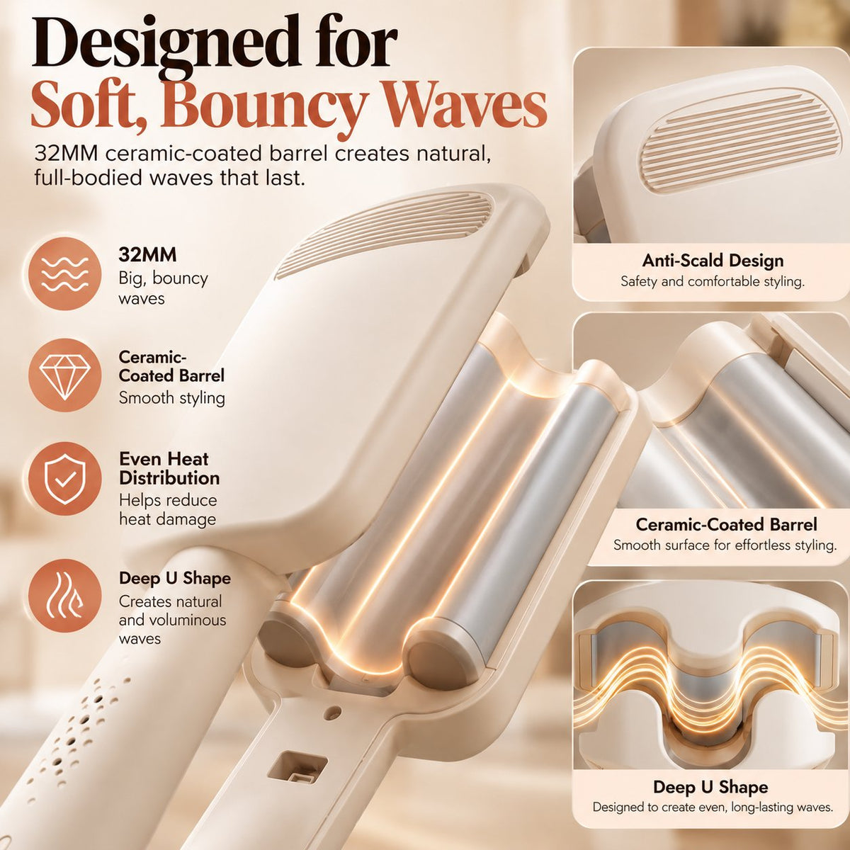 🔥Buy 2 Get 20% OFF🔥⏰32MM Wavy Hair Curler – Big Bouncy Curls, 4 Adjustable Heat Settings & Negative Ion Care – Salon-Quality Styling at Home 💇‍♀️