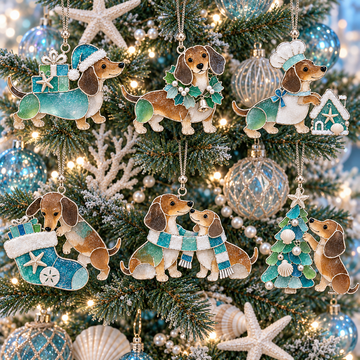 Coastal Christmas Dachshund Ornament Set – 6-Piece Stained Glass-Inspired Sea Glass Dog Christmas Tree Decorations, Gift for Dachshund Lovers