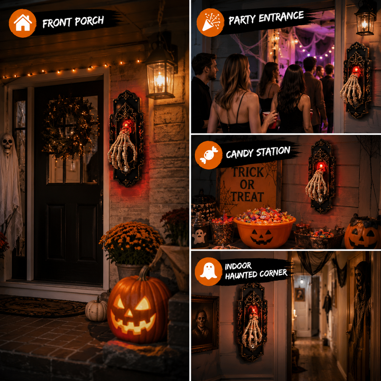 👻Halloween Skeleton Hand Doorbell – Touch/Motion Activated Red Light & Scary Sound Haunted House Decoration