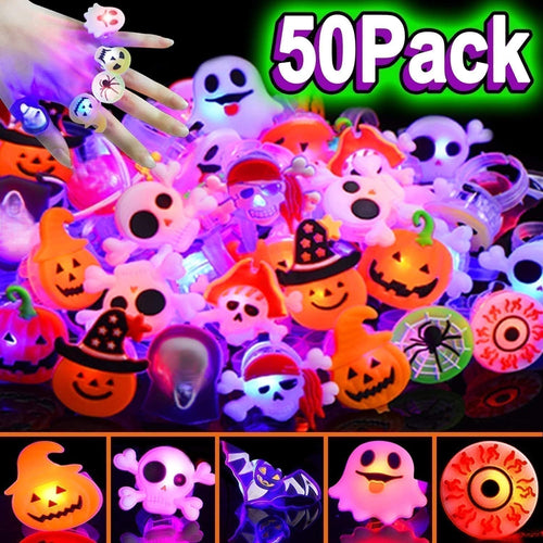 🎃50 Pieces Each Box‼️✨LED Light Halloween Glowing Ring 💍| Flashing Light‑Up Party Favor for Halloween Night👻