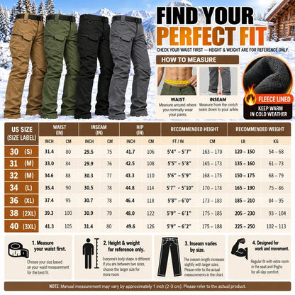 HOMUG Men's Fleece-Lined Tactical Cargo Pants, Windproof Warm Work Pants with Multi-Pockets, 320g Fabric, Regular Fit Outdoor Pants for Fall & Winter
