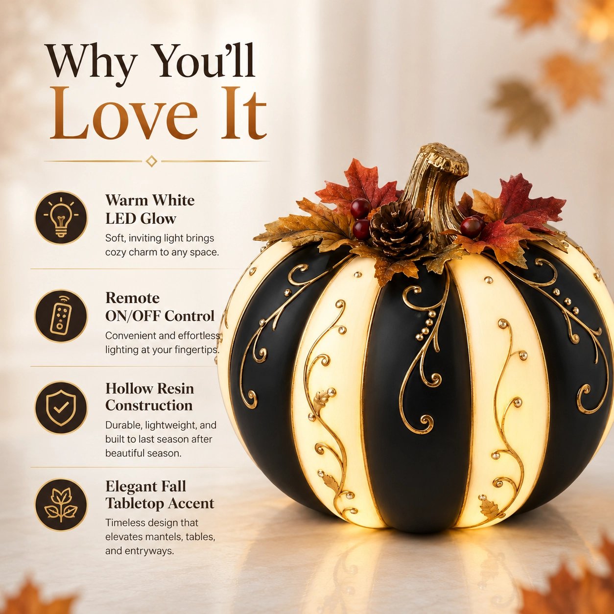 🔥HOT SALE - 🎃Lighted Black & Ivory Pumpkin Decor with Remote