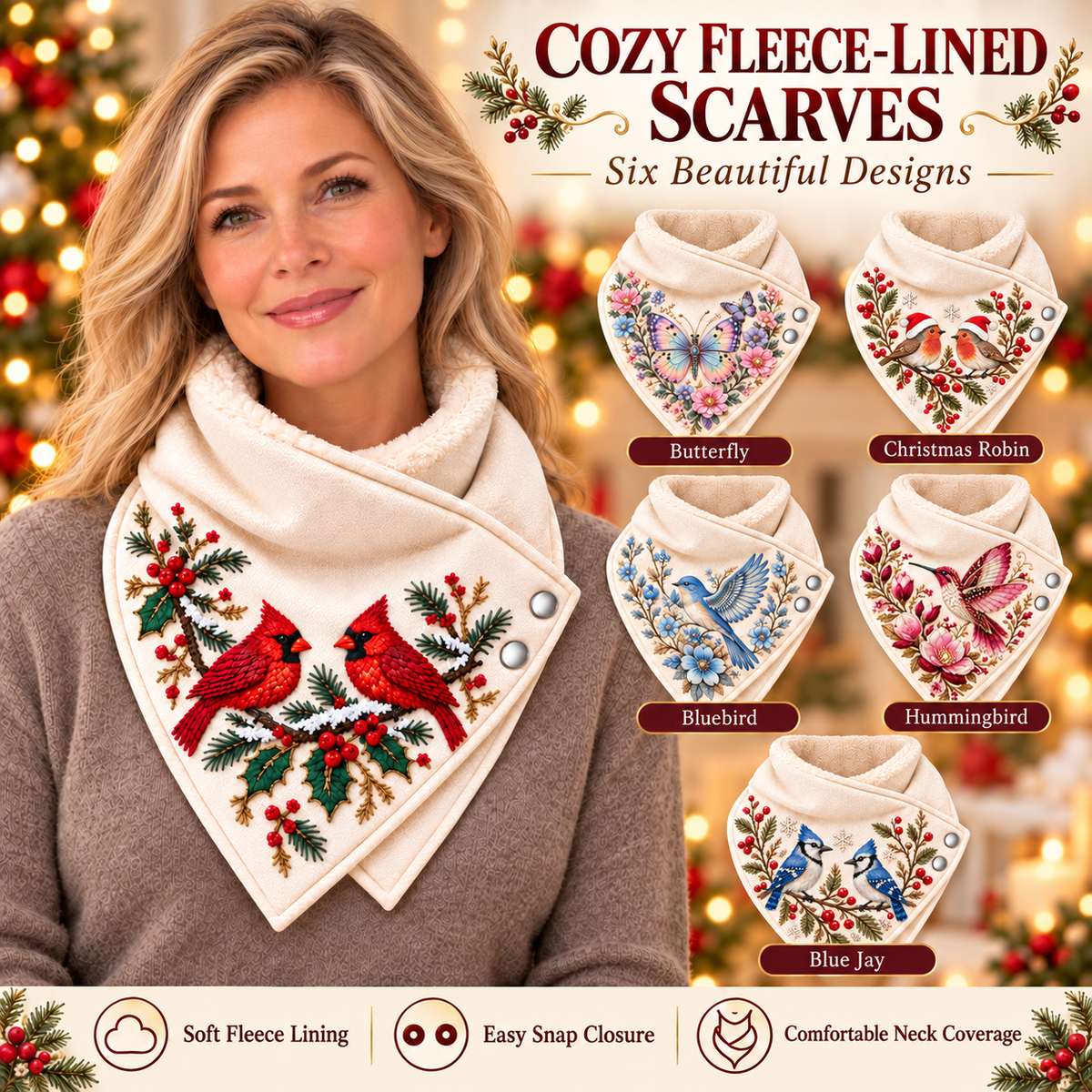 Cozy Fleece-Lined Cardinal Neck Wrap Scarf – Christmas Winter Gift 🐦🎄
