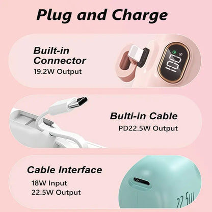 22.5W Mini Portable Charger – 5000mAh Fast Charging Power Bank with USB-C & USB-A Dual Ports, Digital Battery Display, Pocket-Size Phone Charger