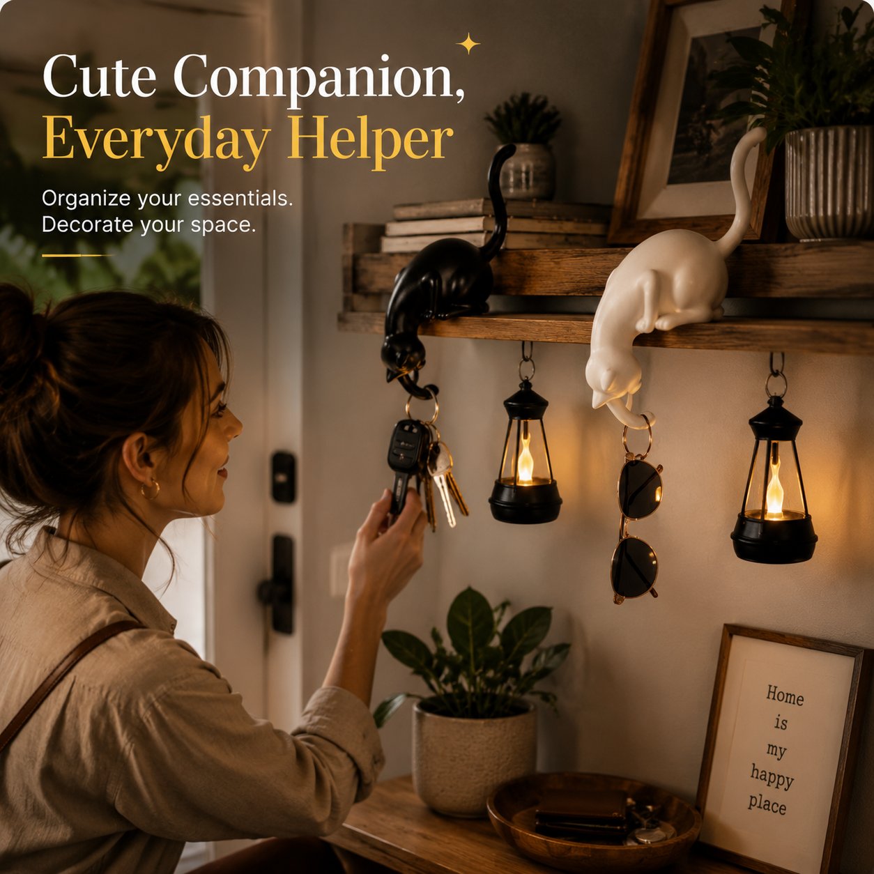 🐈‍Whimsical Cat Shelf Sitter with LED Lantern – Cute Bookshelf Decor & Handy Key Hook