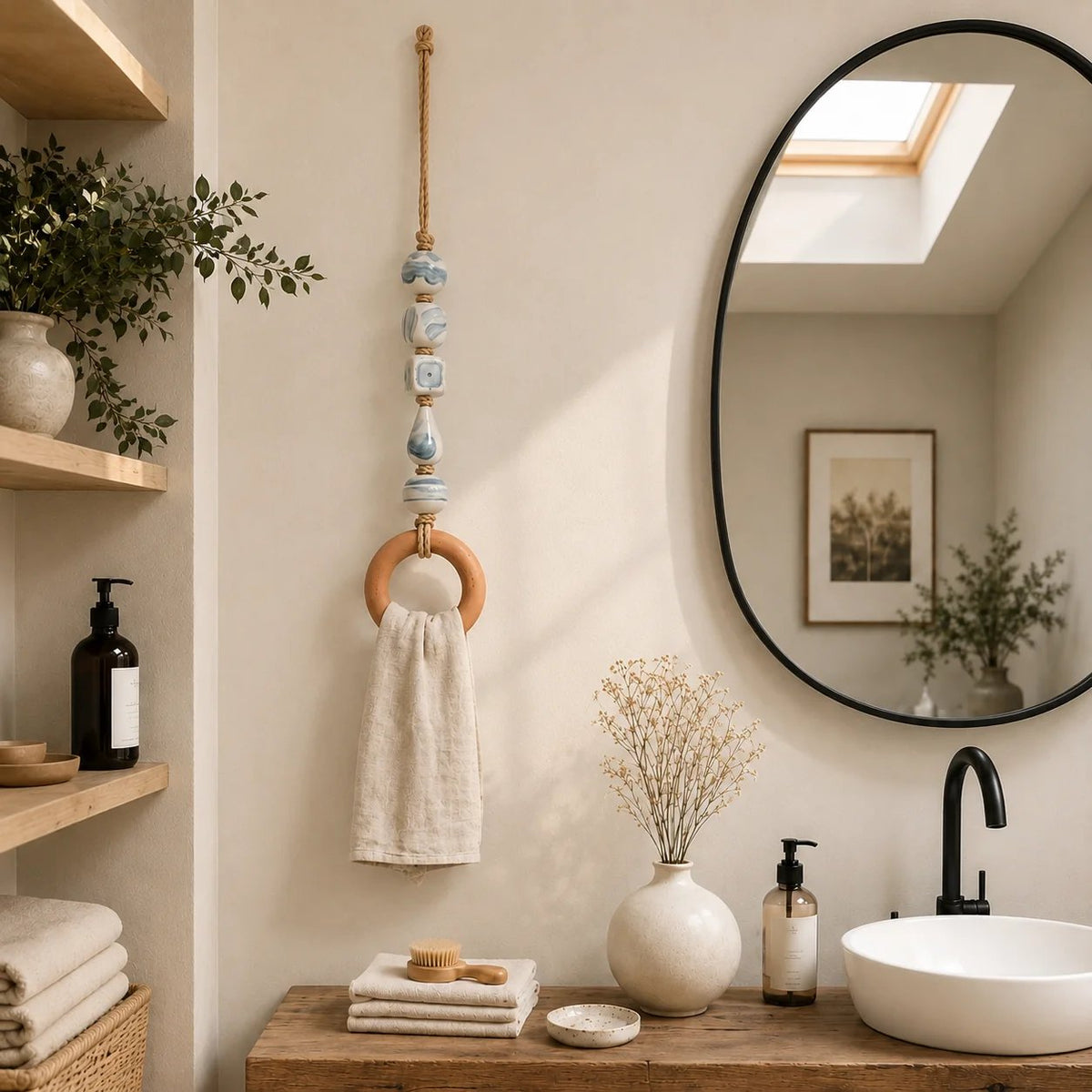 Decorative Beaded Towel Hanger with Wooden Ring