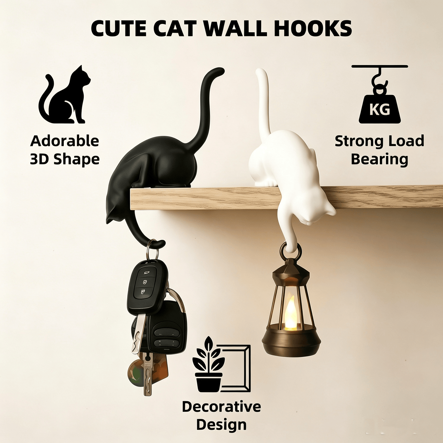 🐈‍Whimsical Cat Shelf Sitter with LED Lantern – Cute Bookshelf Decor & Handy Key Hook
