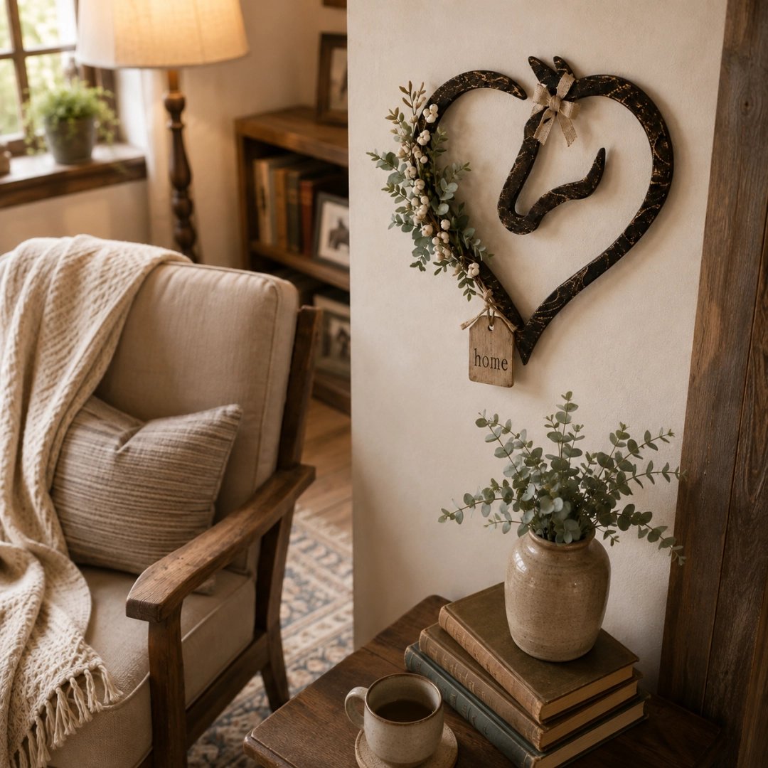 ✨ ✨Rustic Horse Heart Wall Decor with Greenery – Farmhouse Equestrian Home Accent