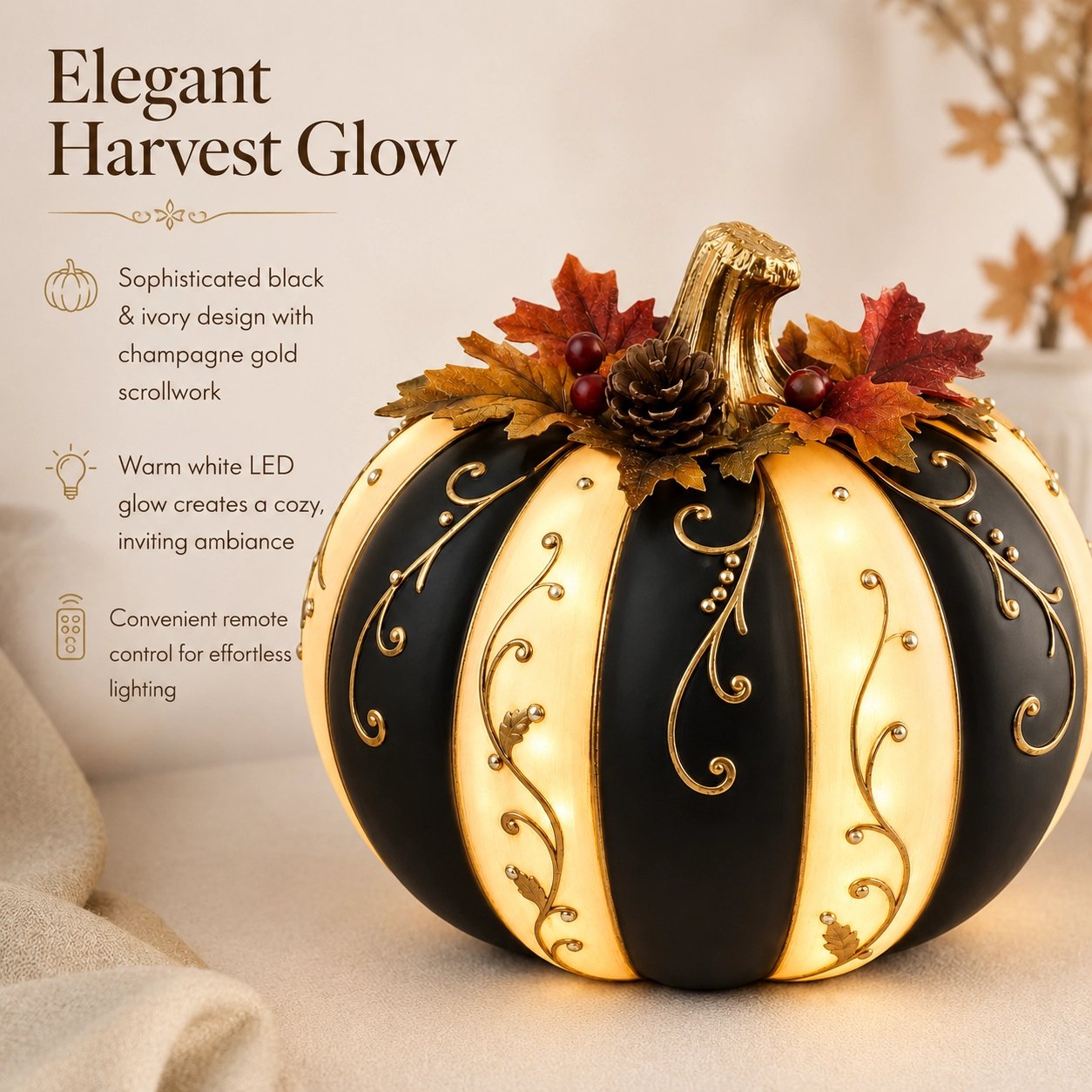 🔥HOT SALE - 🎃Lighted Black & Ivory Pumpkin Decor with Remote