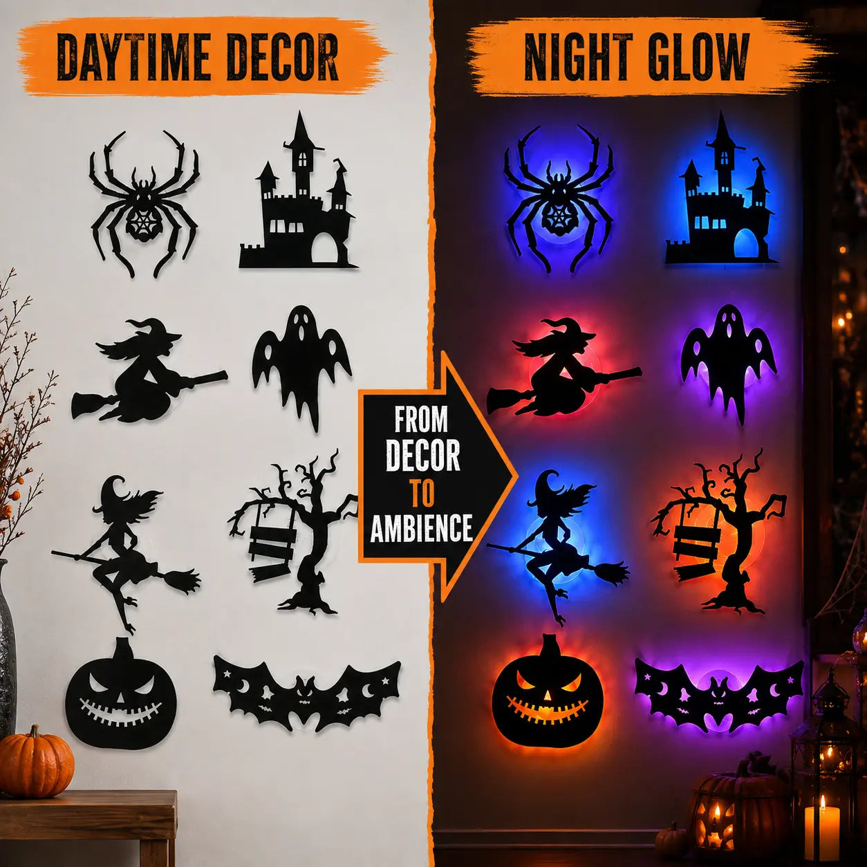 Halloween LED Silhouette Wall Light Stickers, Battery Powered Peel & Stick Decor Lights🦇