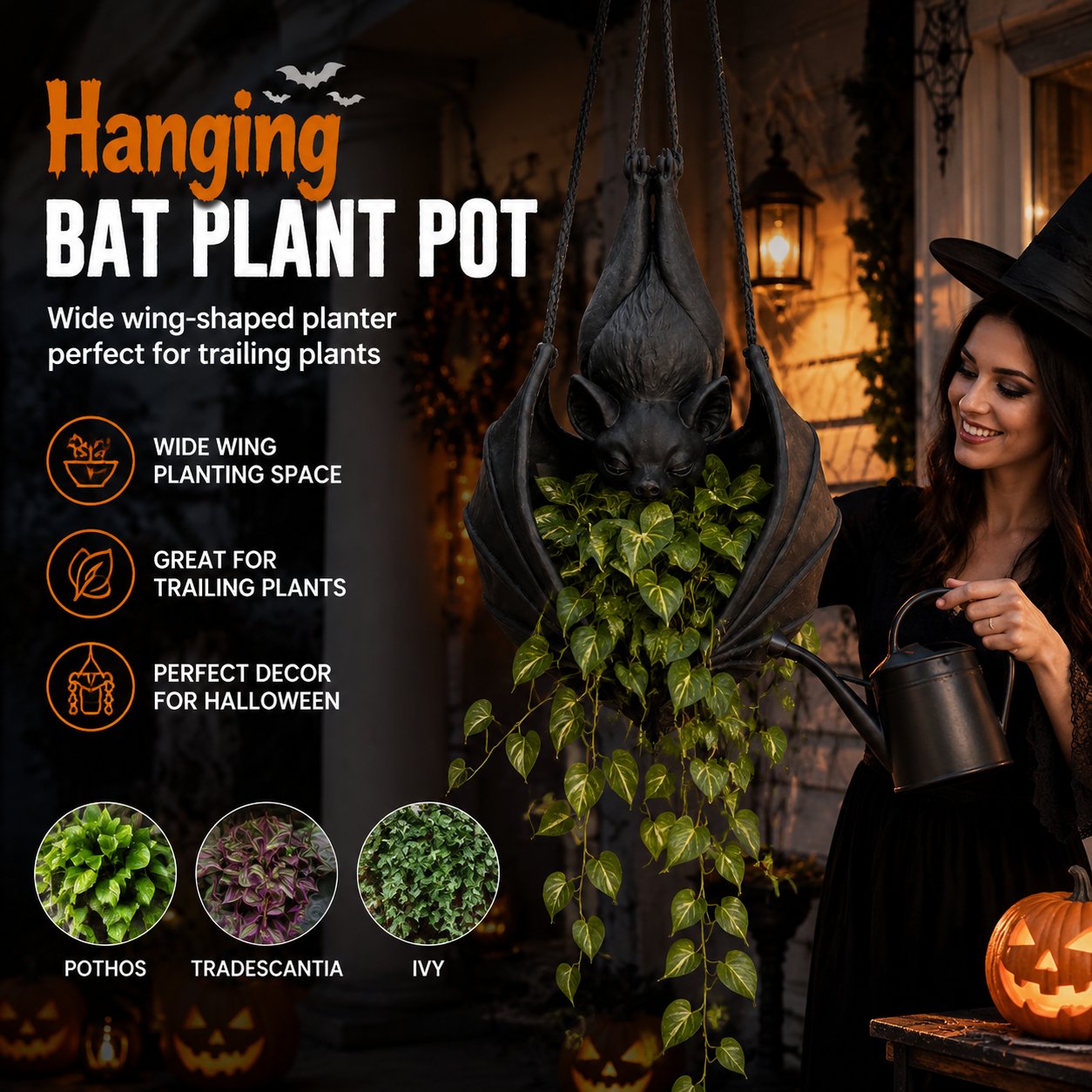 🦇 Hanging Bat Plant Pot🎃Spooky Garden Decor Planter