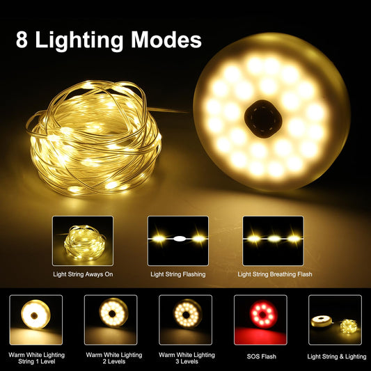 4-in-1 Solar Camping String Lights – 42.6 Feet of Glow, 160 LED Bulbs, Solar or USB Rechargeable, Remote-Controlled, and Ready for Camping, Hiking, or Just Making Your Tent Look Awesome!