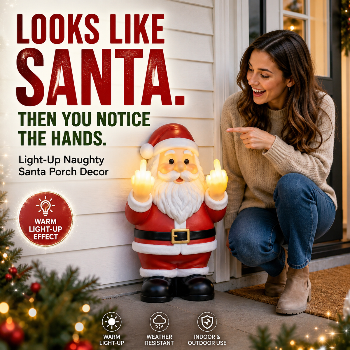 🎅 Mischievous Light-Up Middle Finger Santa Christmas Decor