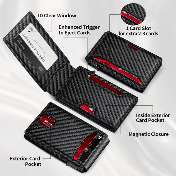 💼🔒Premium Aluminum RFID Blocking Minimalist Wallet for Men - Pop-Up Card Access, Money Clip & ID Window