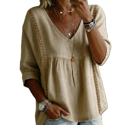 Women's Chic Loose-Fit V-Neck Lace Blouse, 3/4-Length Puff Sleeves, Side Lace Cut-Out Details👚