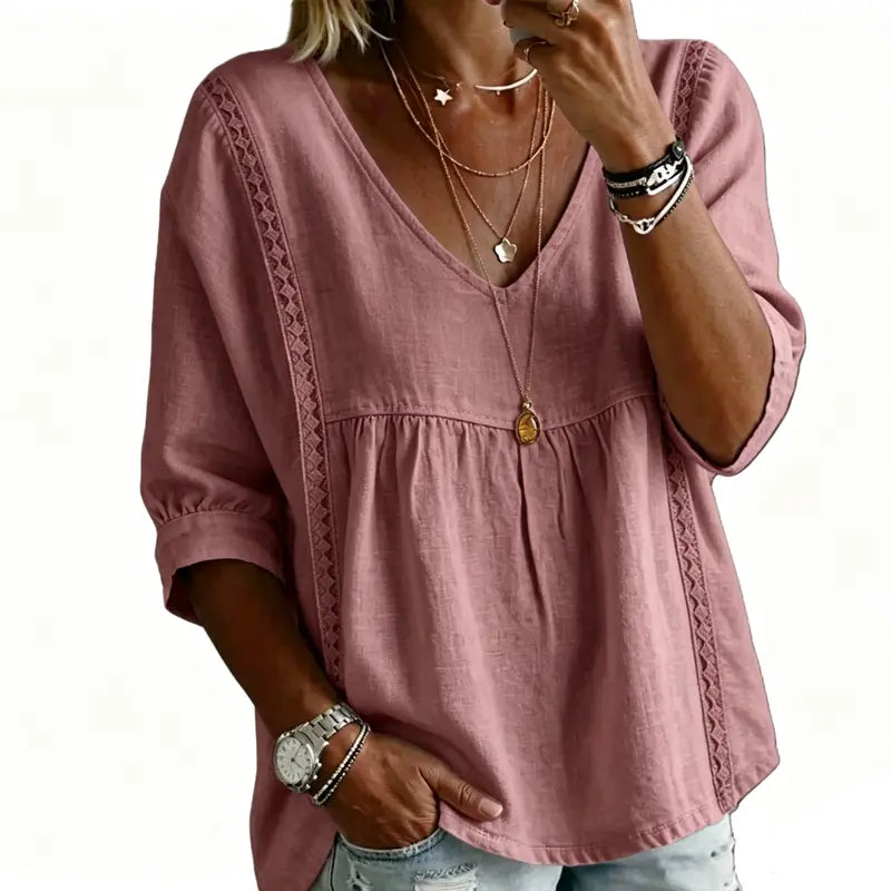 Women's Chic Loose-Fit V-Neck Lace Blouse, 3/4-Length Puff Sleeves, Side Lace Cut-Out Details👚