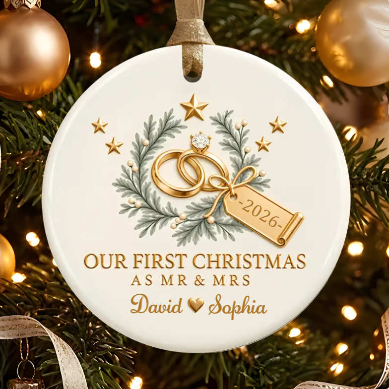 Personalized First Christmas Married Ceramic Ornament - Custom Couple Names & Year Christmas Tree Keepsake Gift