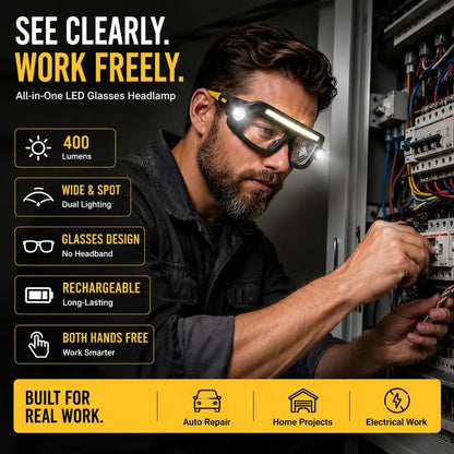 🔥Hands-Free LED Work Glasses with Wide Front Beam, Side Lights & Over-Glasses Fit