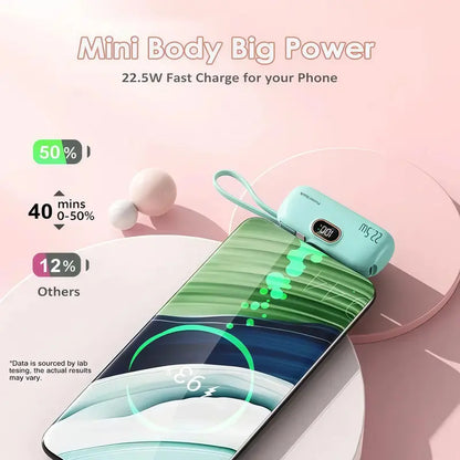 22.5W Mini Portable Charger – 5000mAh Fast Charging Power Bank with USB-C & USB-A Dual Ports, Digital Battery Display, Pocket-Size Phone Charger