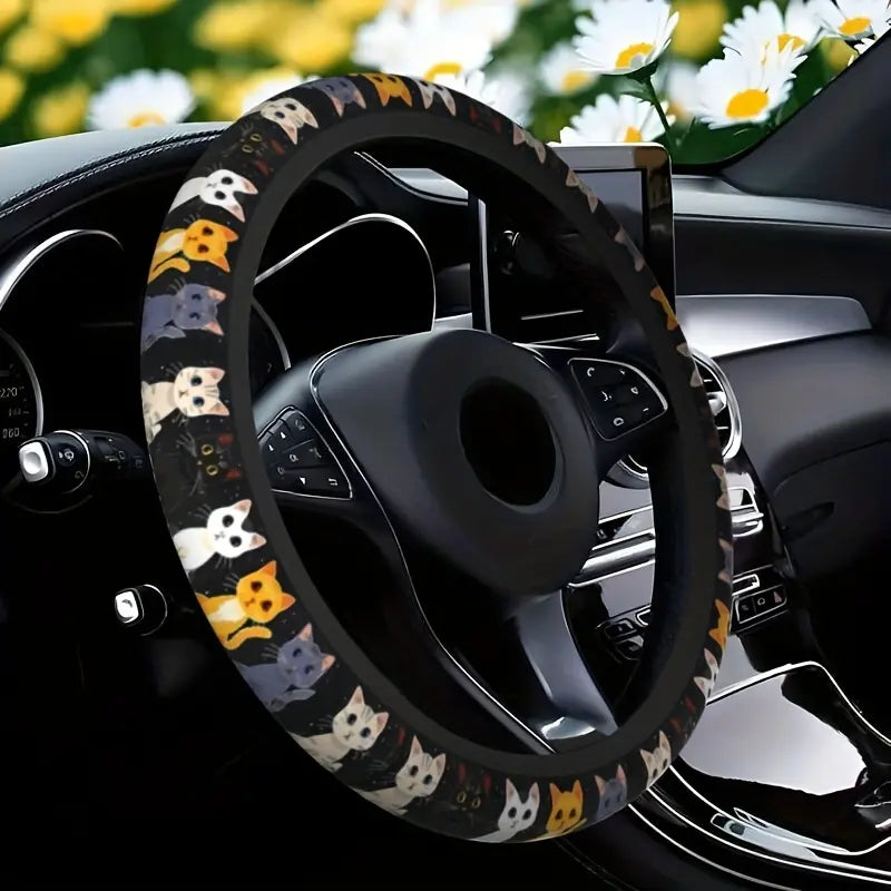 Cute Cat Pet-Themed Pattern, Single-Pack Car Steering Wheel Cover 🐾