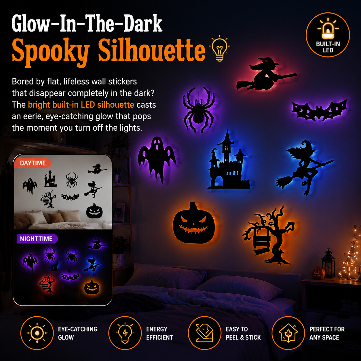 Halloween LED Silhouette Wall Light Stickers, Battery Powered Peel & Stick Decor Lights🦇