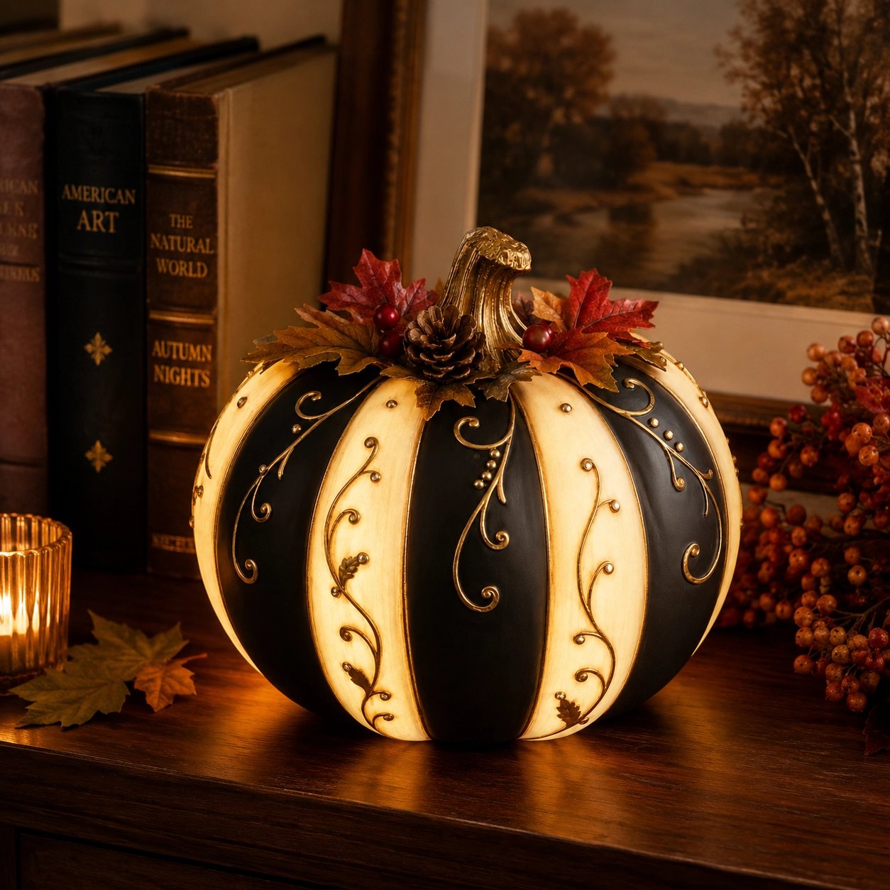 🔥HOT SALE - 🎃Lighted Black & Ivory Pumpkin Decor with Remote