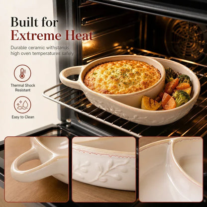 🍲Retro Ceramic Divided Baking Dish, Dual Compartment Vintage Serving Dish