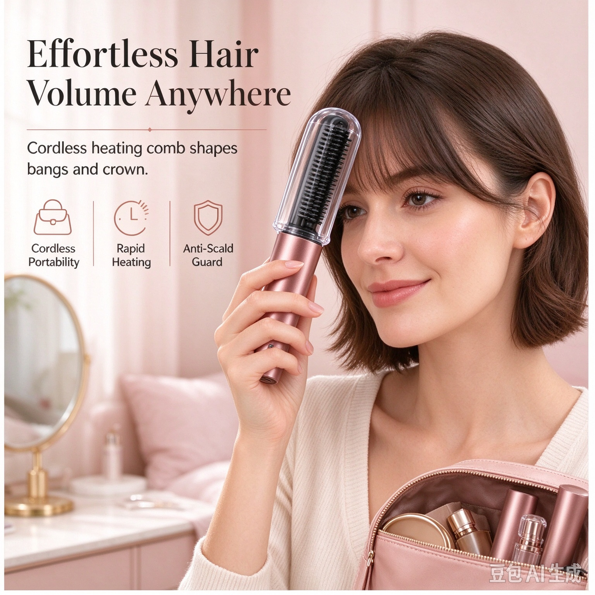 Cordless Mini Heated Hair Straightener Brush Portable Rechargeable Hair Styling Comb for Bangs and Volumizing