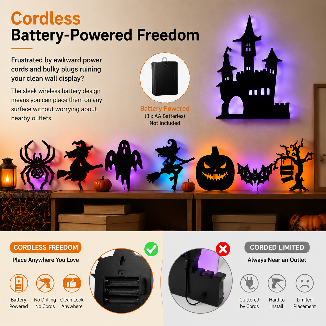 Halloween LED Silhouette Wall Light Stickers, Battery Powered Peel & Stick Decor Lights🦇