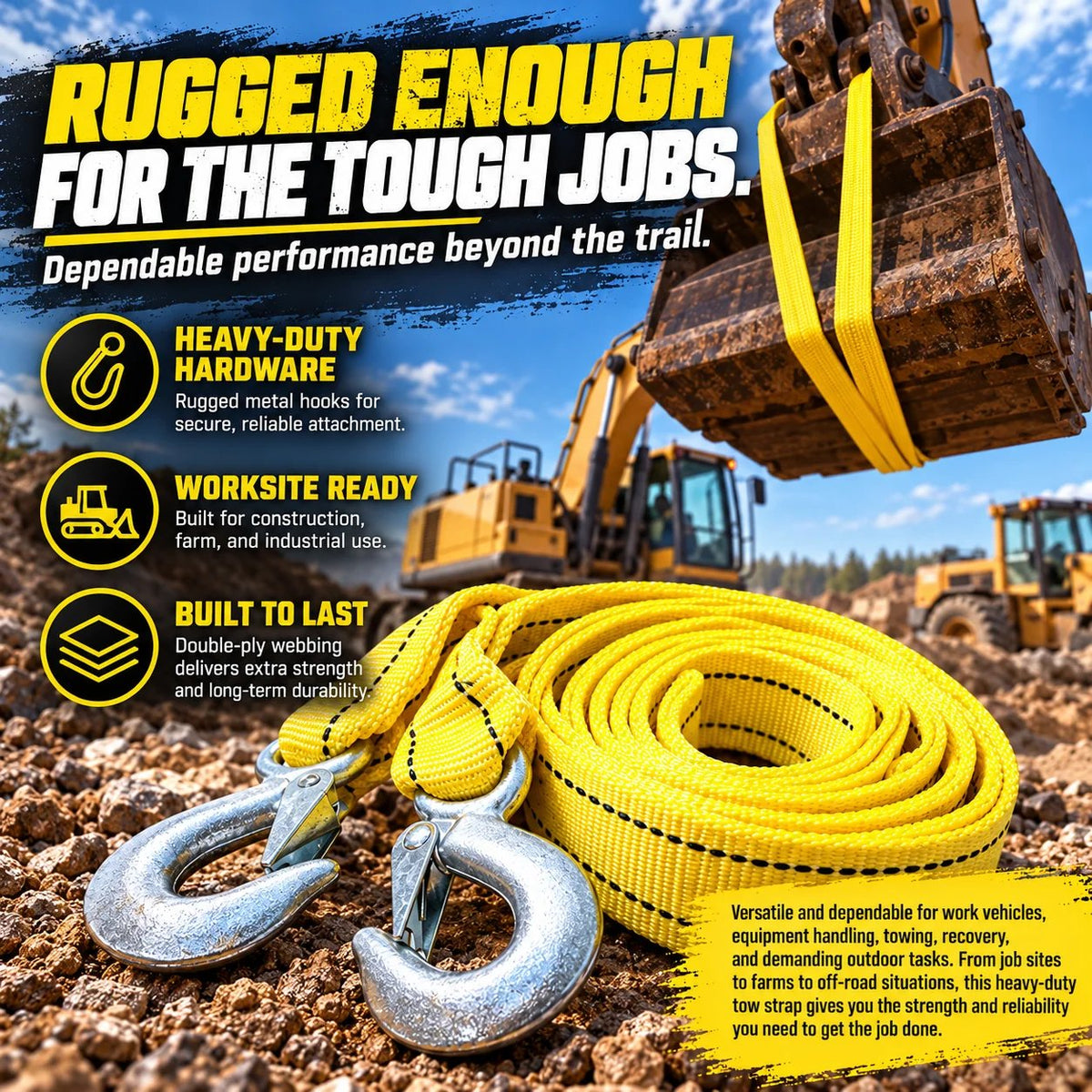 Heavy-Duty Recovery Tow Strap with Hooks – Strong Towing Rope for Trucks, SUVs & Off-Road Vehicles
