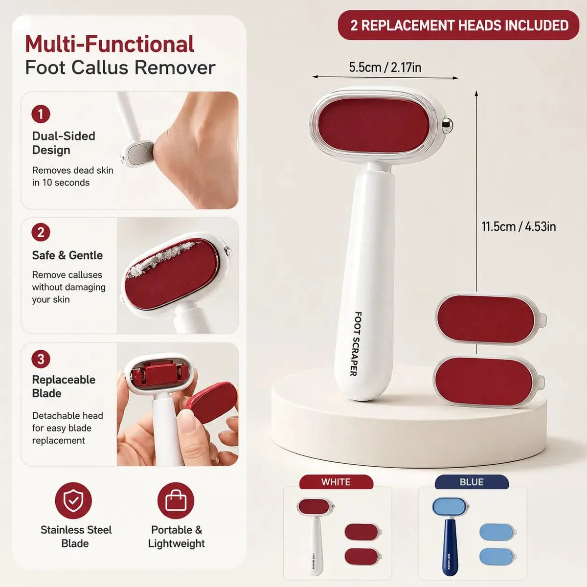 Dual‐Sided Foot Callus Remover, Replaceable Stainless Steel Blade Foot Scraper 🦶