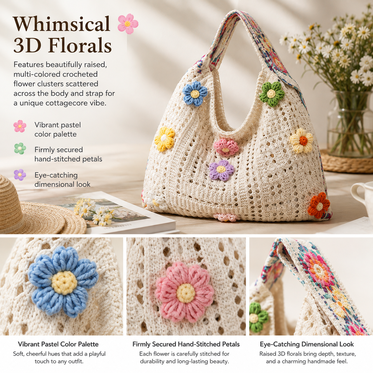 👛Handmade Crochet Floral Aesthetic Tote Bag