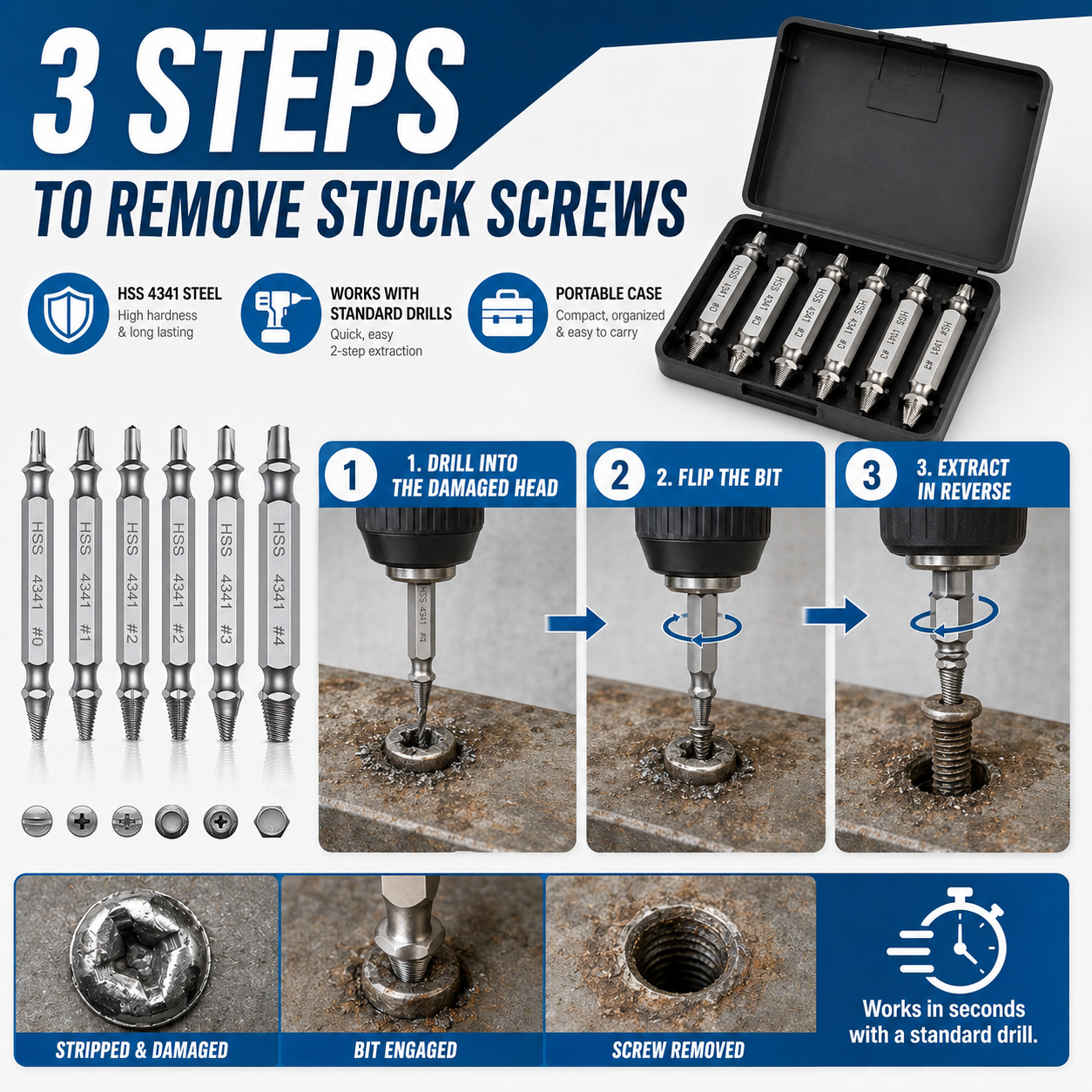 🔧 6-Piece Screw Extractor Set – Remove Damaged Screws Fast