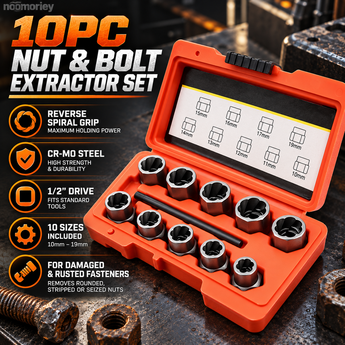 10-Piece Screw Extractor Set – Remove Stripped, Broken & Stuck Bolts with Ease