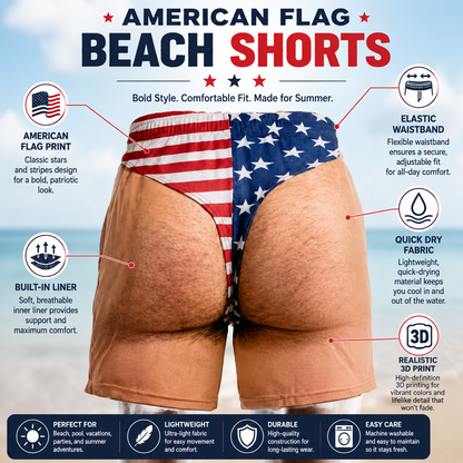 😂🇺🇸 Funny Illusion American Flag Swim Shorts – Double Take Patriotic Beach Shorts for Men 🌊
