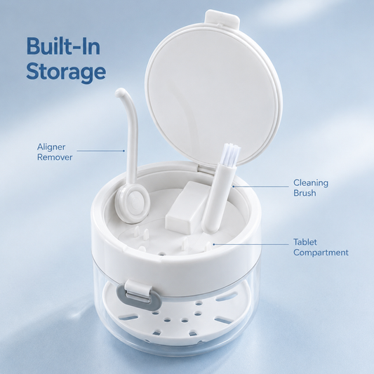 3-in-1 Retainer Soak Case with Drain Tray. Mirror & Cleaning Brush for Aligners & Dentures