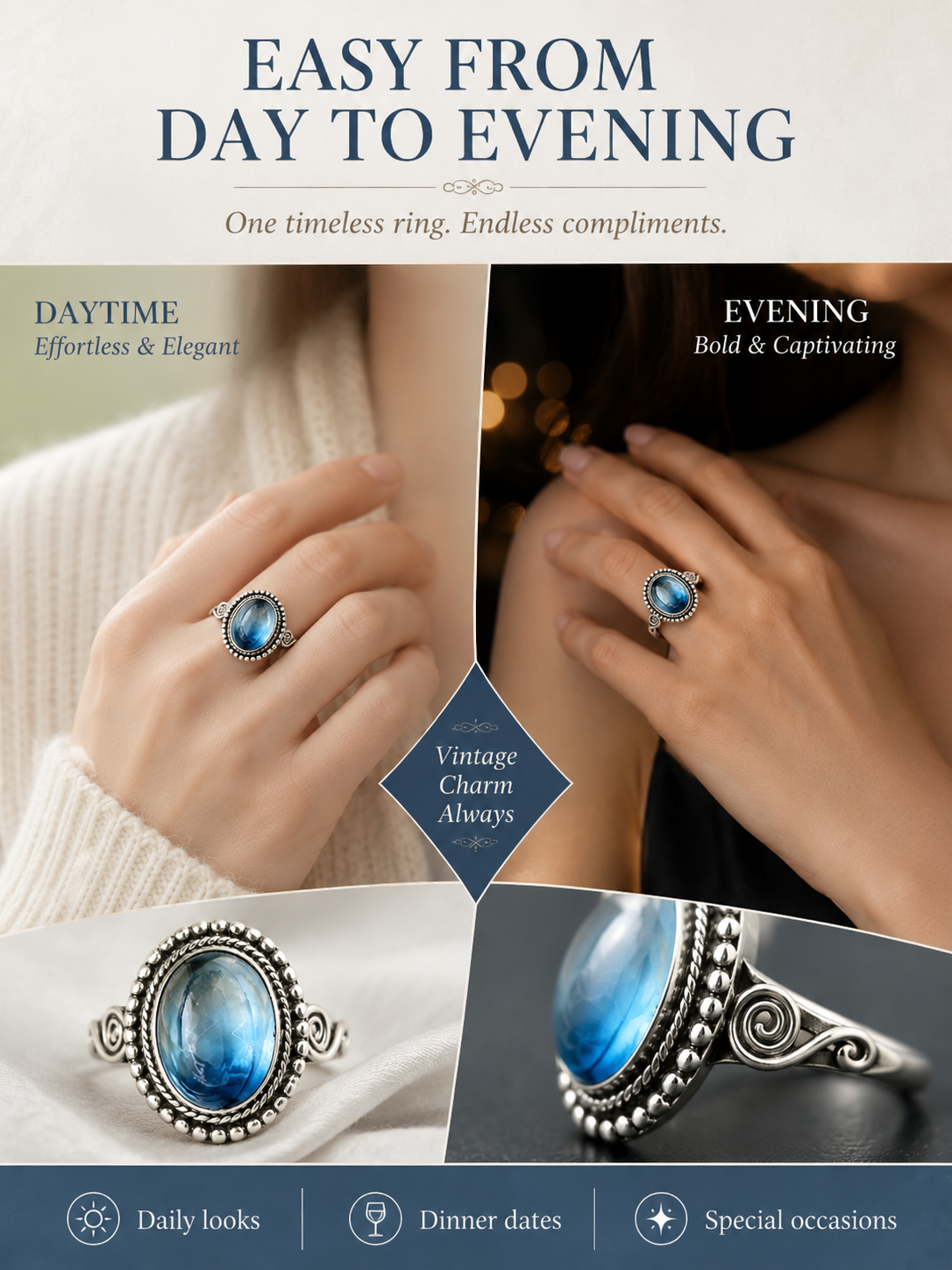 ✨ Timeless Beauty 925 Sterling Silver Vintage Moonstone Oval Ring