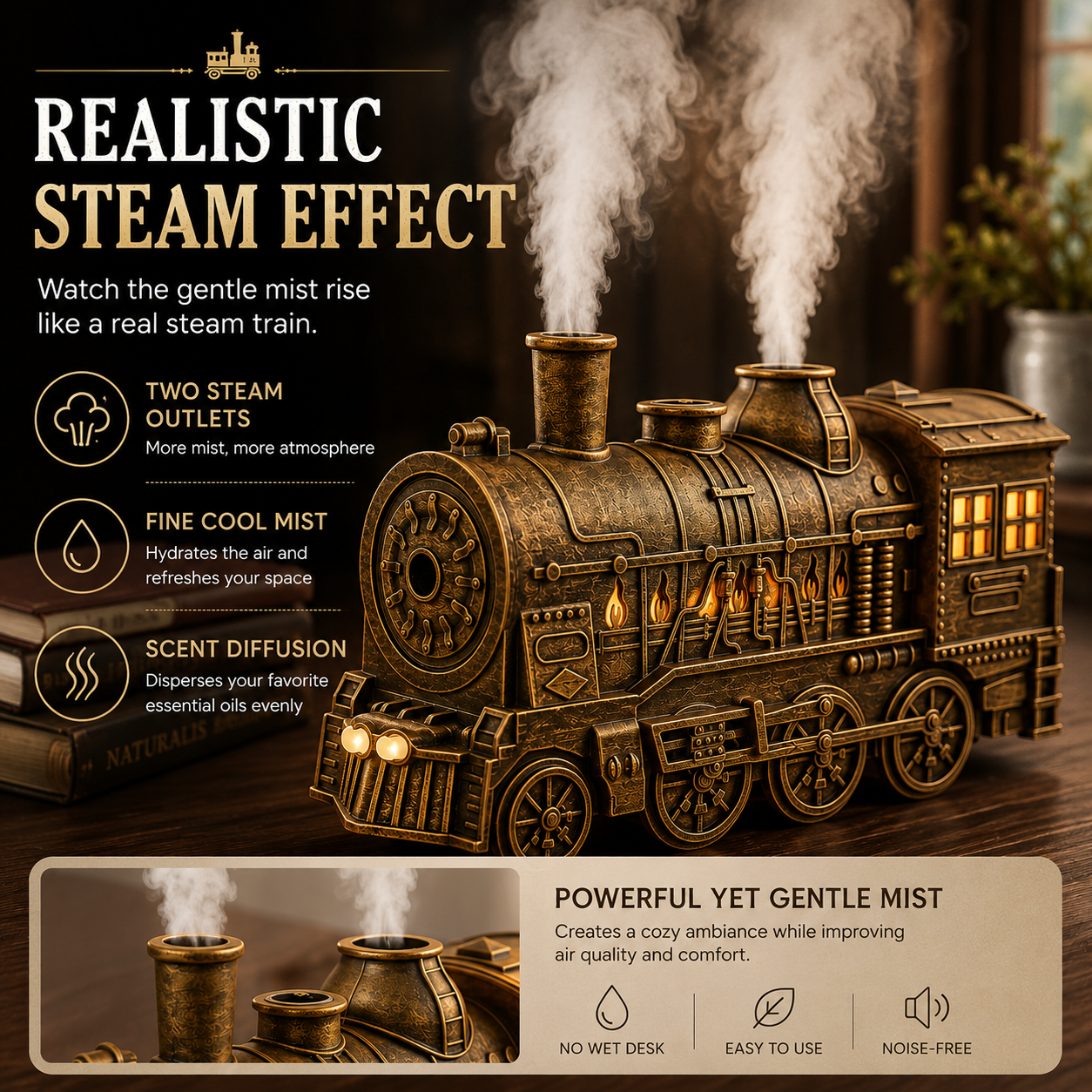 Vintage Steam Train Essential Oil Diffuser With Night Light