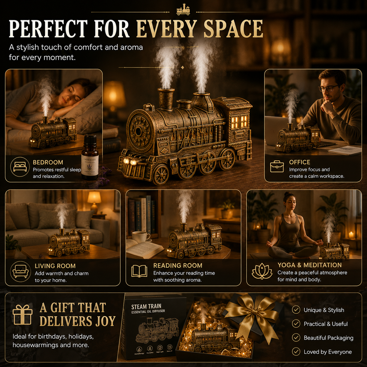 Vintage Steam Train Essential Oil Diffuser With Night Light