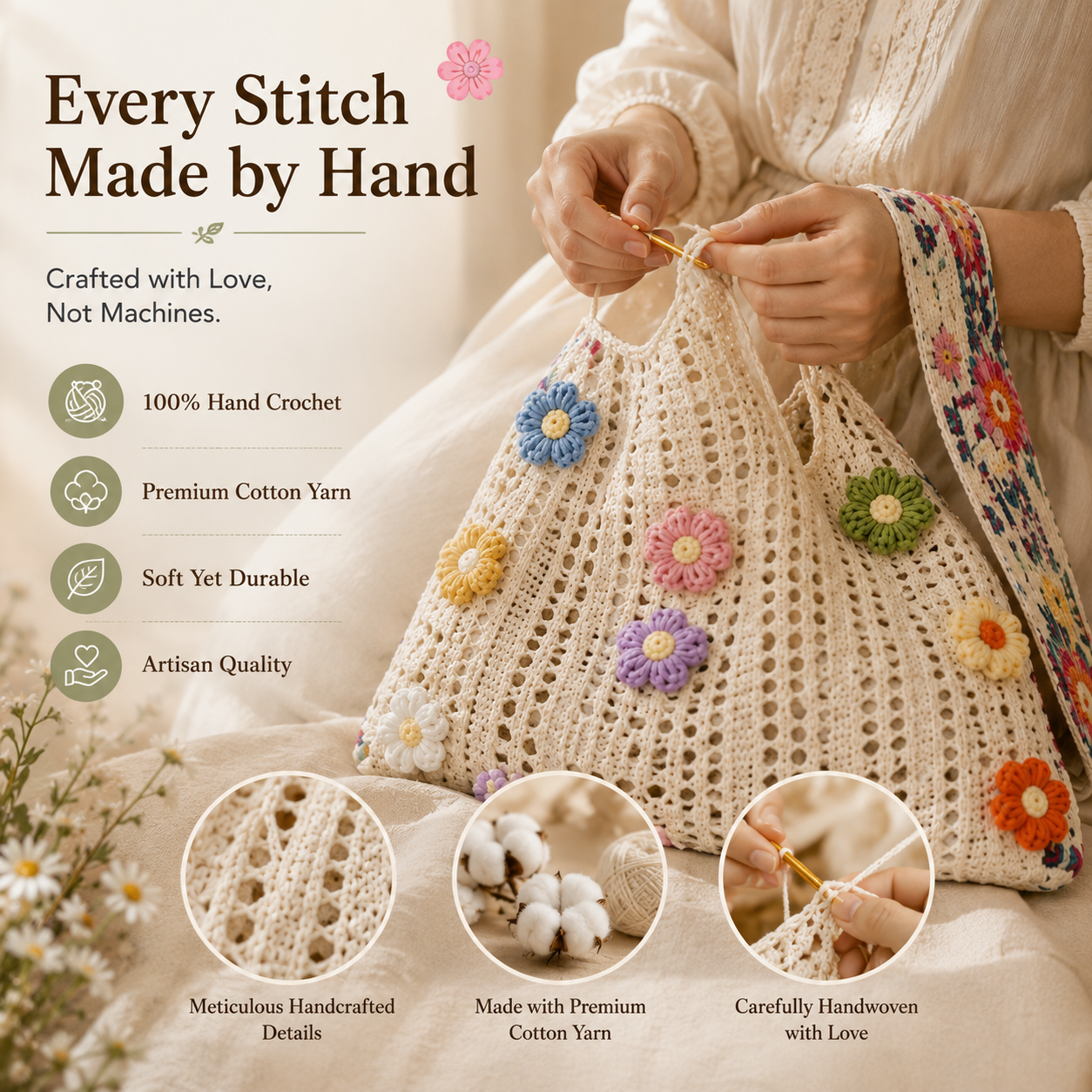 👛Handmade Crochet Floral Aesthetic Tote Bag