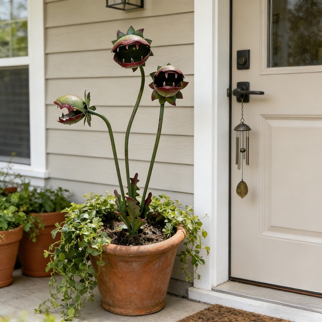 Whimsical Metal Venus Flytrap Garden Stake – Handcrafted Outdoor Plant Decor