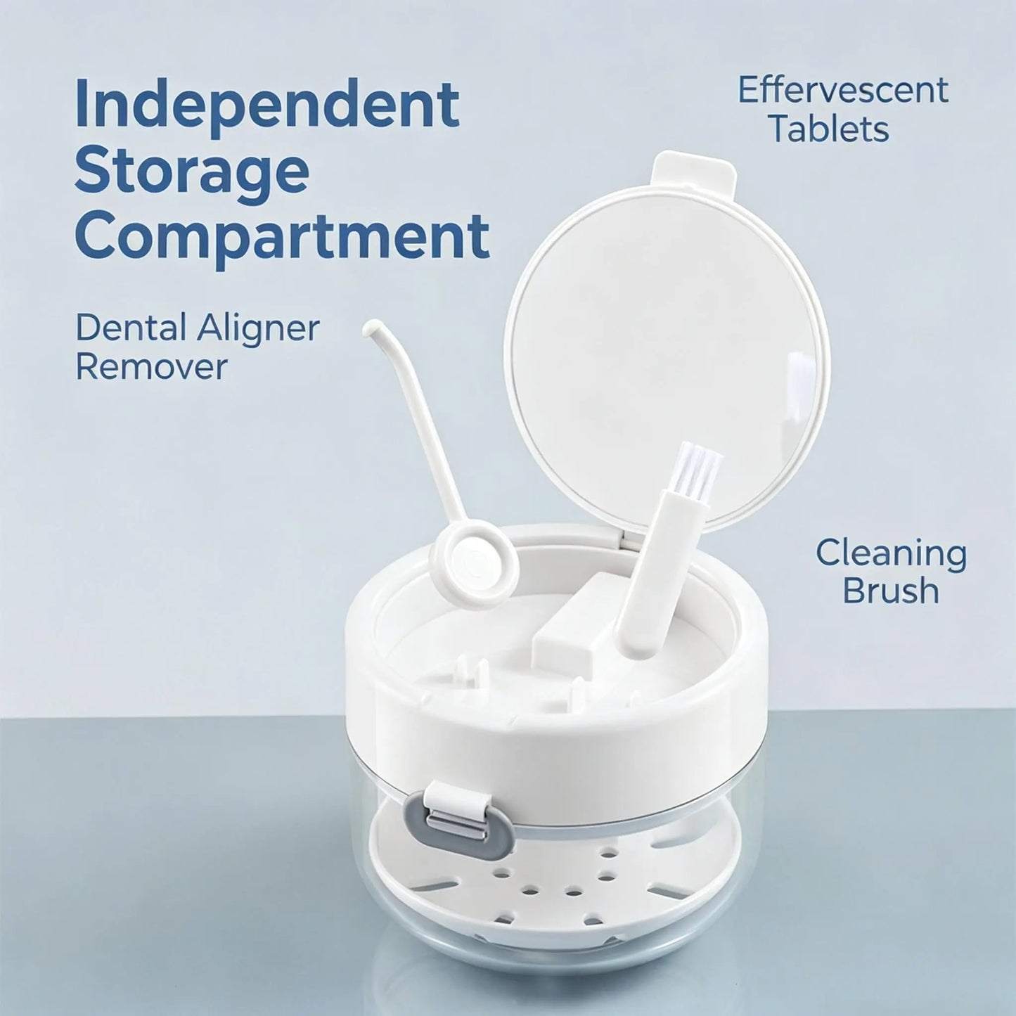 3-in-1 Retainer Soak Case with Drain Tray. Mirror & Cleaning Brush for Aligners & Dentures
