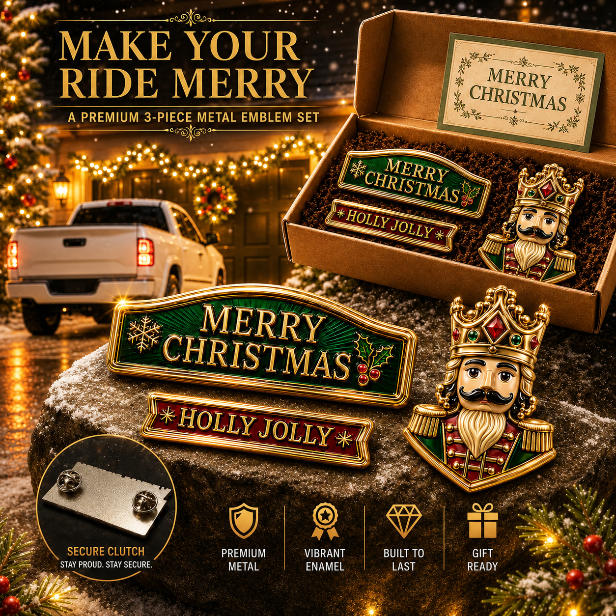3-Piece Christmas Car Emblem Metal Badge Set