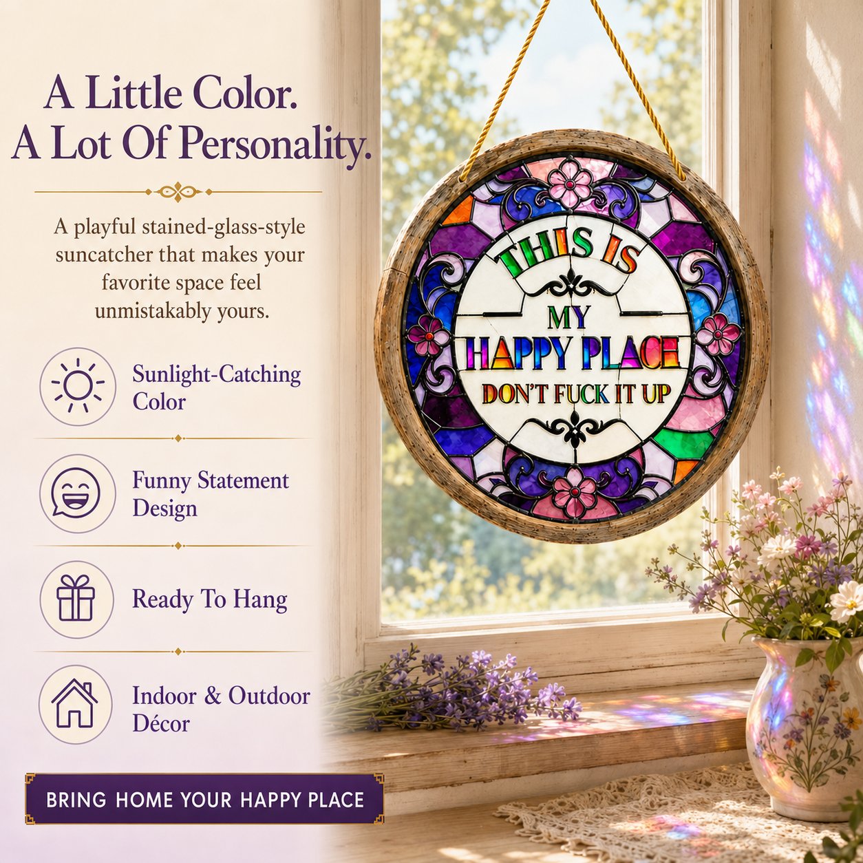 🌈Happy Place Hanging Suncatcher | Sunlight-Catching Quote Decor for Windows, Porches, Patios & Gifts ✨