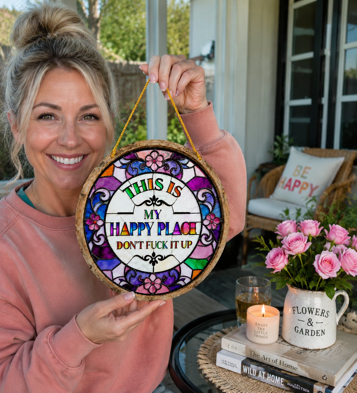 🌈Happy Place Hanging Suncatcher | Sunlight-Catching Quote Decor for Windows, Porches, Patios & Gifts ✨