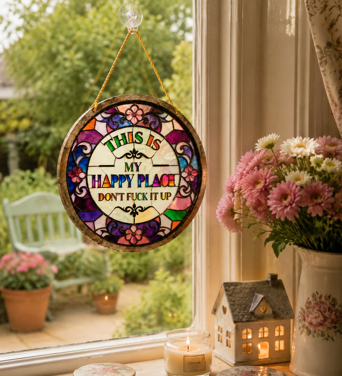 🌈Happy Place Hanging Suncatcher | Sunlight-Catching Quote Decor for Windows, Porches, Patios & Gifts ✨